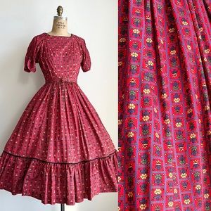 Vintage 1950s 50s Claire Evans Cotton Floral Print Red Dress / Medium